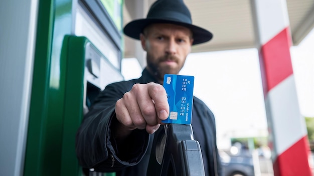 A hand refueling a car at a gas station, with a close-up on a credit card being used at the pump. The background includes a blurred image of traffic.