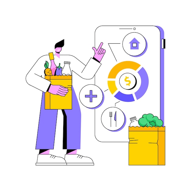 A visual of a person happily using a budgeting app on their phone, with icons representing different categories of expenses (groceries, rent, entertainment) under control.