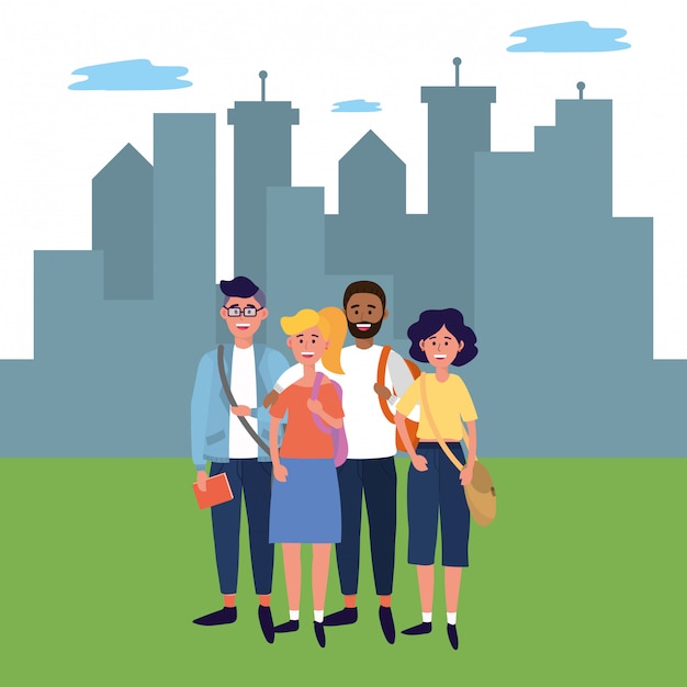 A diverse group of people standing together, smiling, in front of a modern building, symbolizing community and family.