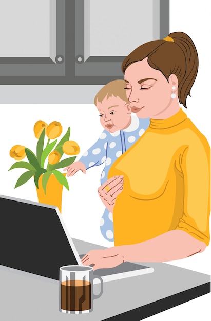 A mother holding a baby while working on a laptop, illustrating the challenge of balancing career and family responsibilities.