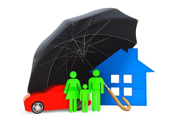 A visual representation of a financial shield protecting a family, a house, and a car from rain clouds symbolizing unexpected events and financial risks.