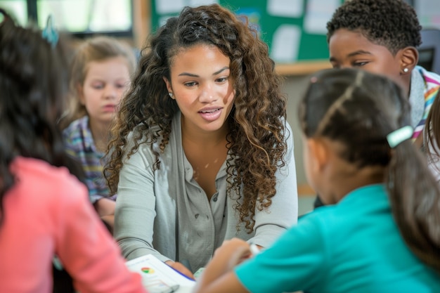 A smiling teacher in a classroom, with diverse students in the background, discussing a lesson, symbolizing public service and education.