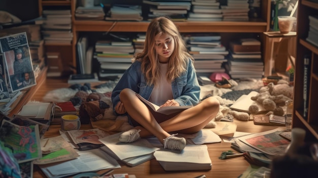 A student sitting at a desk in a library, surrounded by books and notes. They are focused on their laptop, with a determined expression. The scene is well-lit, showcasing a dedicated study environment.