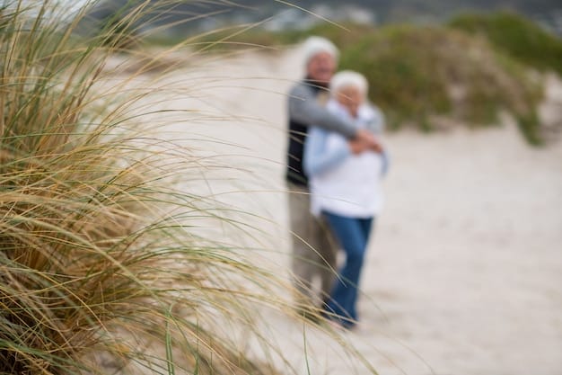 A serene image of a couple in their 60s enjoying retirement, possibly walking on a beach or hiking in a park, symbolizing the importance of planning for a financially secure retirement.