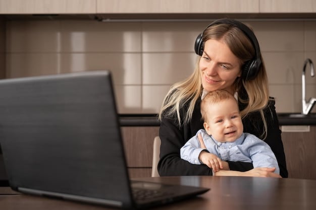 A businesswoman is sitting at her desk on a video call with a child care provider. They are smiling and waving to each other through the screen. The image represents the interaction between parents and child care providers, facilitated by Dependent Care FSAs.