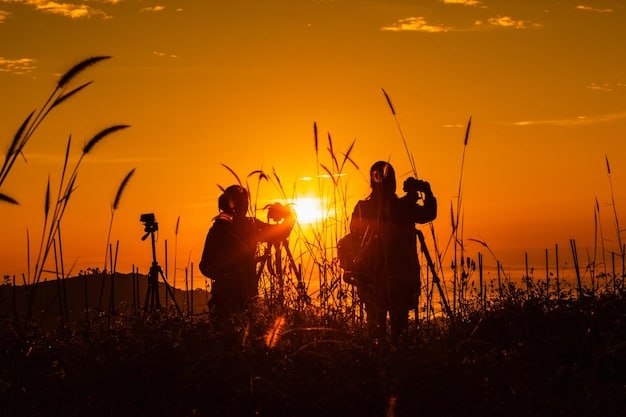 A family working together on their farm, harvesting crops. The sun is setting in the background, casting a warm glow over the scene.