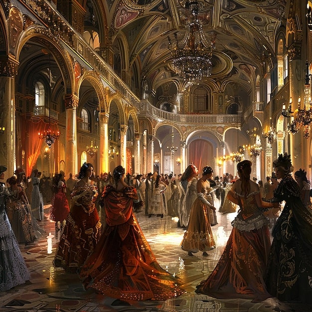 A stunning visual of a royal court scene with the empress front and center, surrounded by nobles in ornate costumes. The scene is richly detailed, capturing the opulence and grandeur of the era.