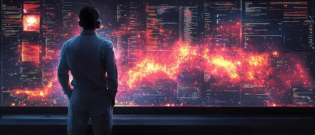 A person looking at a complex network diagram on a screen, with lines and nodes representing various data points, illustrating the decoding process of information analysis.