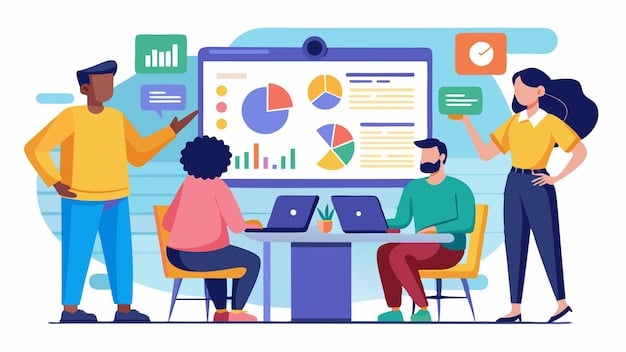 A diverse group of people collaborating around a table, analyzing charts and graphs, illustrating the diverse ways decoding skills can be applied in collaborative settings.