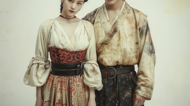 A split-screen image comparing historical costumes and modern clothing in a time-travel K-drama. One side features a character dressed in traditional Korean attire, while the other side shows the same character in contemporary fashion. The contrast illustrates the visual appeal and cultural exploration inherent in these dramas.