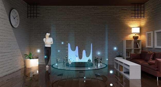 A futuristic rendering of a living room setup, showing a holographic display projecting a K-drama scene with detailed English subtitles. A family is watching the drama together, interacting with the holographic interface via gestures.
