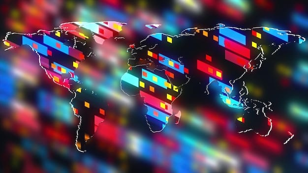 A world map is shown with different regions highlighted in various colors. Each highlighted region has a streaming service logo overlaid, showing the availability of content in that specific region.