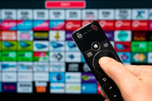 A close-up shot of a remote control with various streaming service logos on the TV in the background, focusing on apps from US platforms, subtly hinting at the abundance of shows.