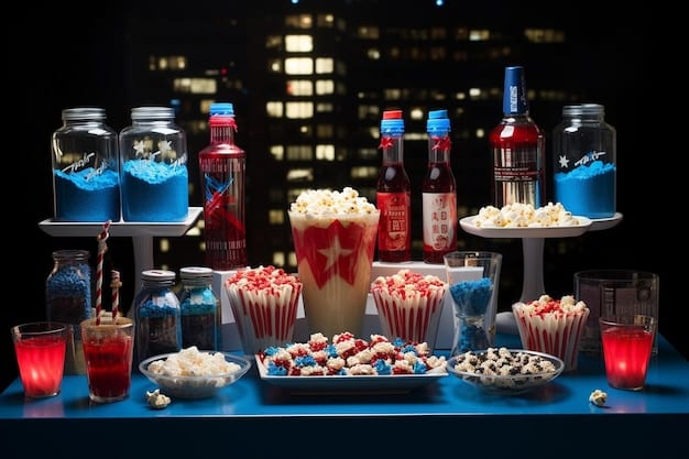 A visually appealing spread of themed snacks and drinks arranged on a table, related to a popular drama series; the table includes items like popcorn, themed cocktails, and merchandise from the show.