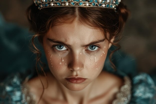A close-up shot of Princess Diana's face, reflecting a mix of sadness and determination. Her eyes are slightly red, suggesting she has been crying. The lighting is soft, emphasizing her delicate features. The background is blurred, focusing entirely on her emotional state.