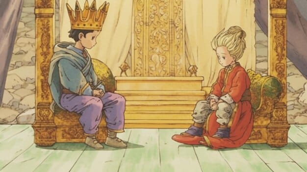 A scene depicting Prince Charles and Princess Diana sitting at opposite ends of a long dining table. The lighting is cold and sterile, emphasizing the emotional distance between them. Their body language is closed off, with neither making eye contact. The setting is formal and imposing, reflecting the formality and rigidity of their relationship.