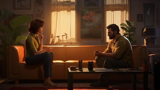 Two main characters are engaged in an intense conversation in a dimly lit room. Their body language suggests disagreement and tension.