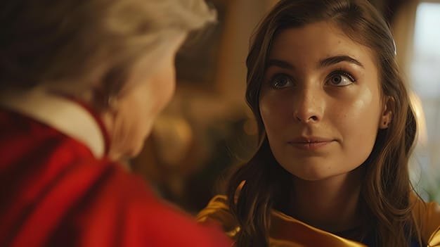A close-up shot of Anthony Bridgerton and Kate Sharma engaged in intense eye contact during a heated discussion in a lush garden, highlighting the unspoken tension and attraction between them.