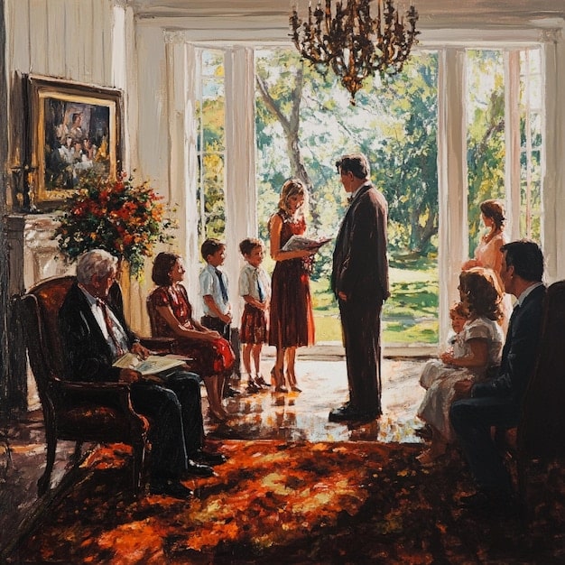 A wide shot of a formal ballroom during a Bridgerton family event, capturing Anthony, Kate, and Edwina standing apart, with the high society crowd surrounding them, emphasizing the characters' isolation and the looming scrutiny of their interactions.