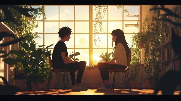 A still showing two characters in a heartfelt conversation, with soft lighting to emphasize the emotional depth of the scene.
