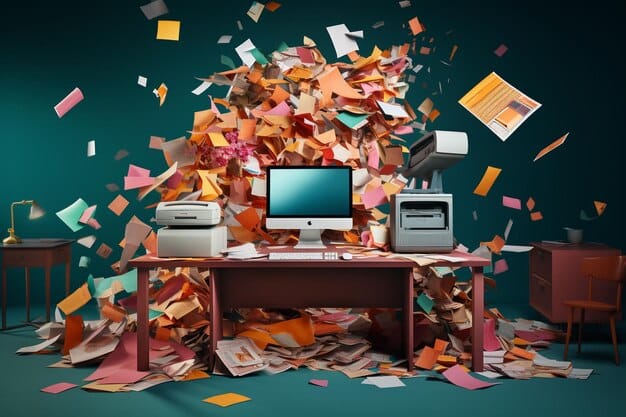 A split-screen image. On one side, a chaotic and disorganized desk overflowing with papers, representing the feeling of being overwhelmed by a complex TV show plot. On the other side, a neatly organized file cabinet, symbolizing how episode recaps help to structure and simplify the narrative for viewers.