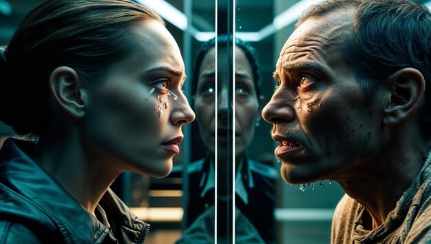 A close-up shot of a character's face as they deliver a pivotal line in [Episode Title], capturing their emotions and inner conflict.