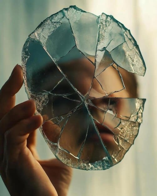 A close-up of a character holding a specific object, such as a broken mirror reflecting fractured identity or a key representing opportunity or entrapment. The lighting emphasizes the object's significance.