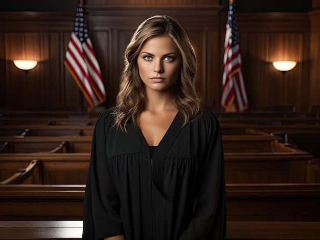 A confident female lawyer stands in a courtroom, delivering a powerful closing argument. Her attire is professional, and her expression is determined. A jury is visible in the background, listening intently.