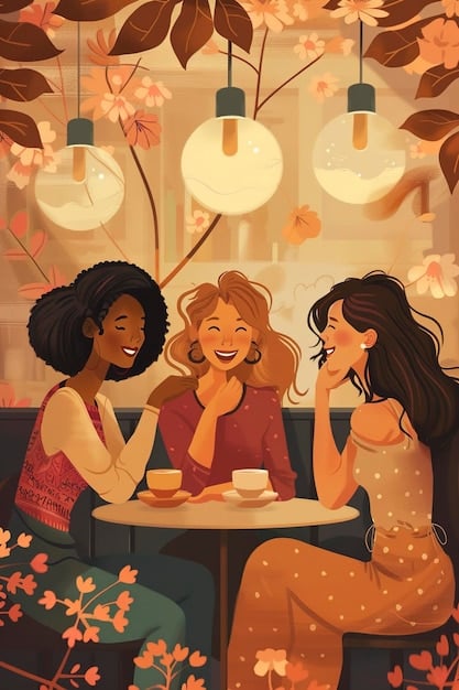 Three women are sitting in a cafe, laughing and sharing a meal. They appear to be close friends, and their body language suggests a strong bond. The cafe has a warm and inviting atmosphere.
