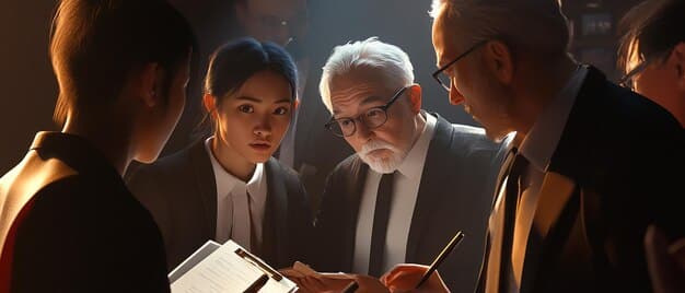 A scene from a K-drama set in a corporate office, showing junior employees bowing respectfully to their senior colleagues, highlighting the hierarchical structure influenced by Confucianism.