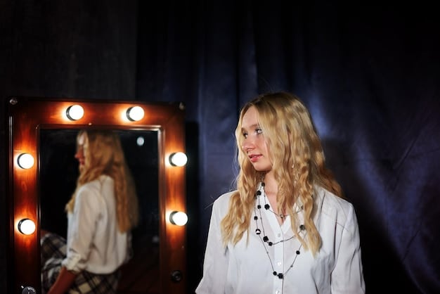 A spotlight shines on an actress (Emily Carter) during her final audition. The casting directors are smiling and nodding in approval. The scene captures her talent and charisma.