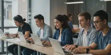Diverse group of young adults working on laptops, symbolizing the 2026 gig economy and flexible online income.