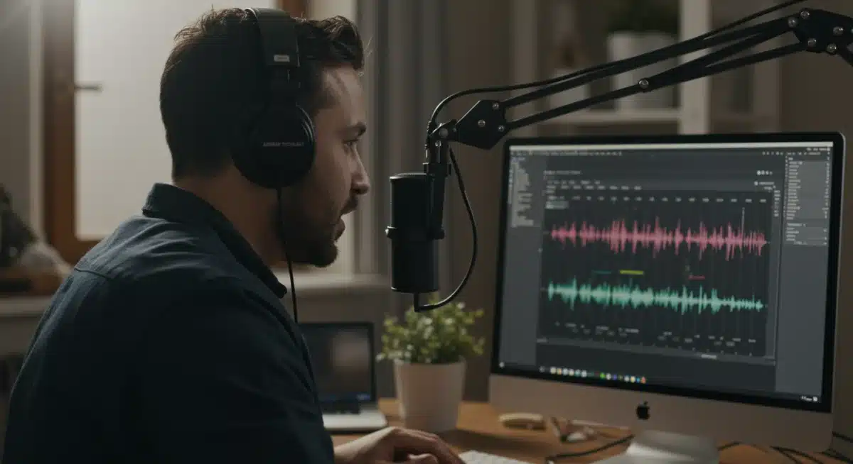 Audio editor working on a podcast from home, demonstrating a high-paying online gig.