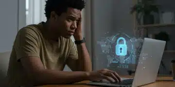Young person looking concerned at laptop, padlock icon, online money scam prevention