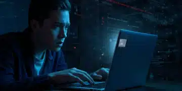 Concerned person covering laptop webcam for security