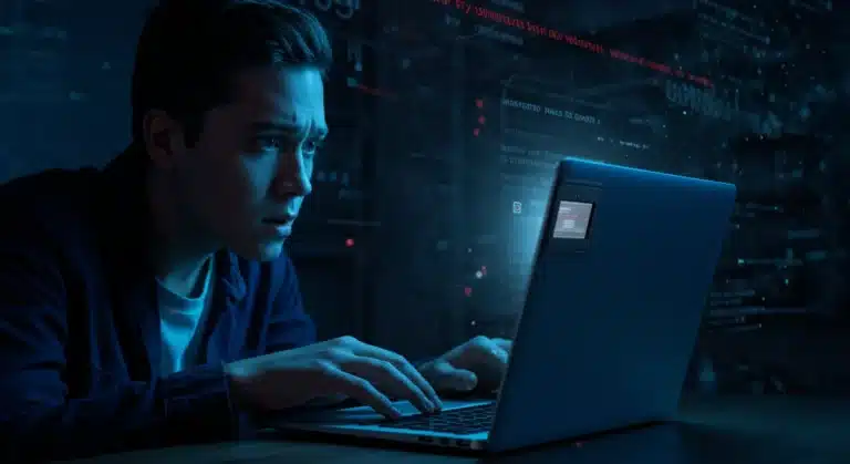 Concerned person covering laptop webcam for security