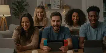 Relaxed gamers enjoying cozy video games on a comfortable sofa in a modern US living room.