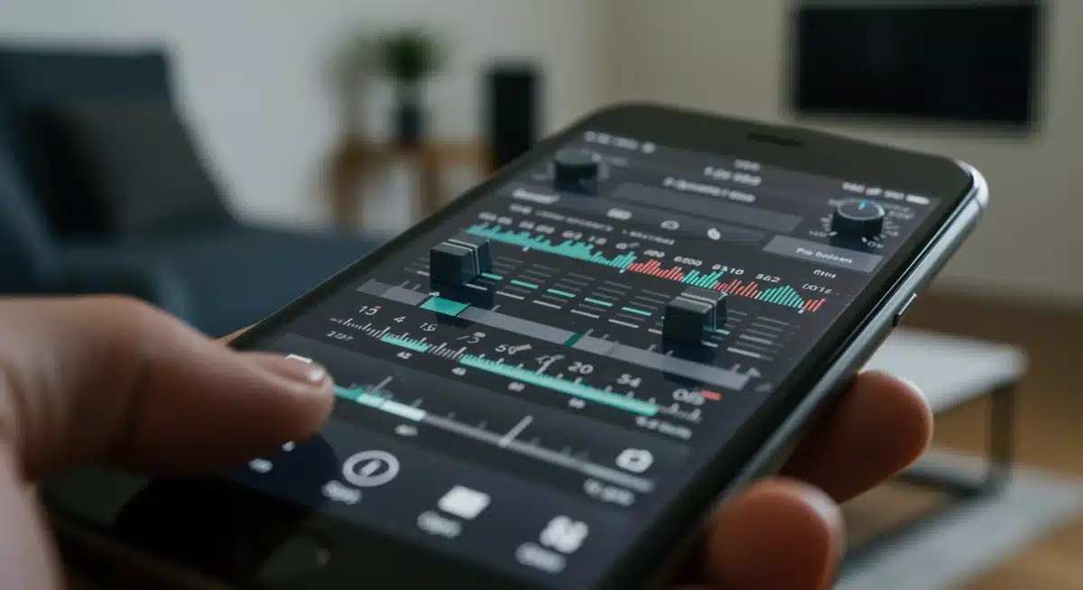 Digital equalizer interface on a smartphone adjusting audio frequencies