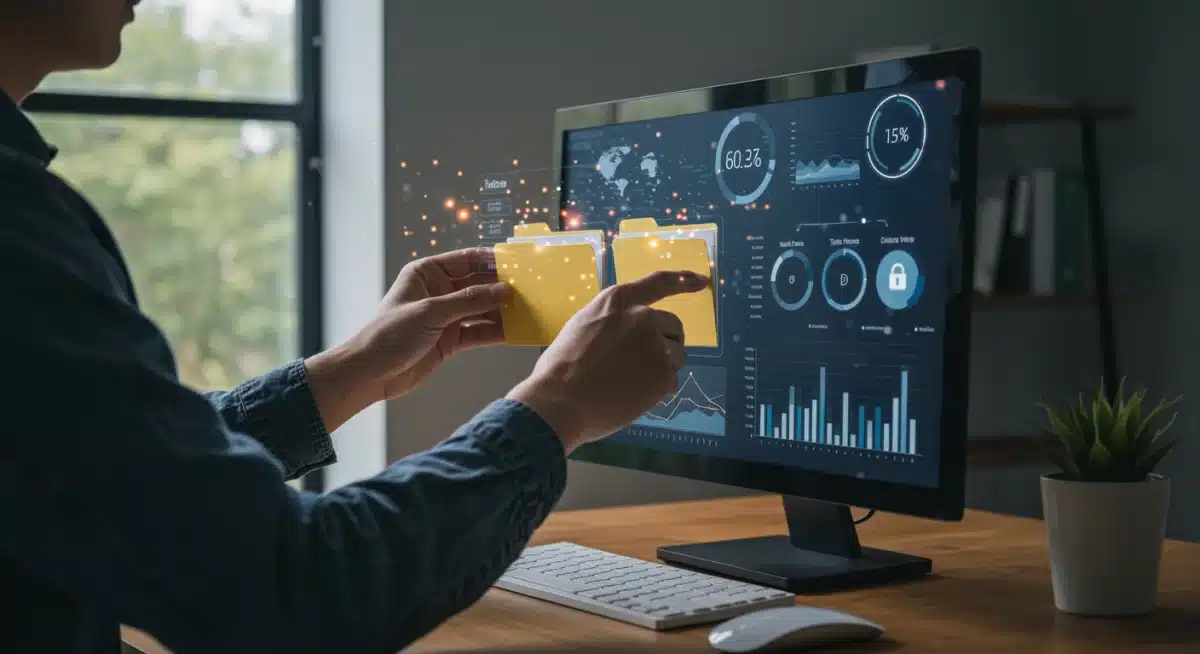Person organizing digital files for efficient cloud storage management