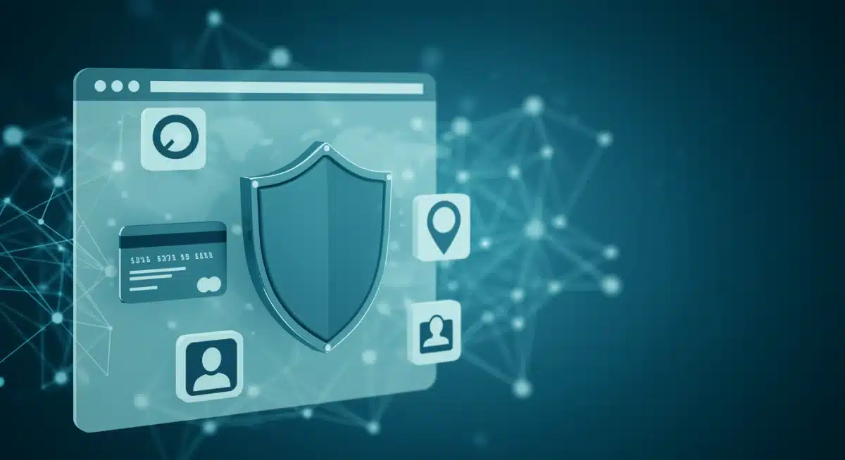 Digital shield protecting personal data within a browser window, symbolizing enhanced privacy