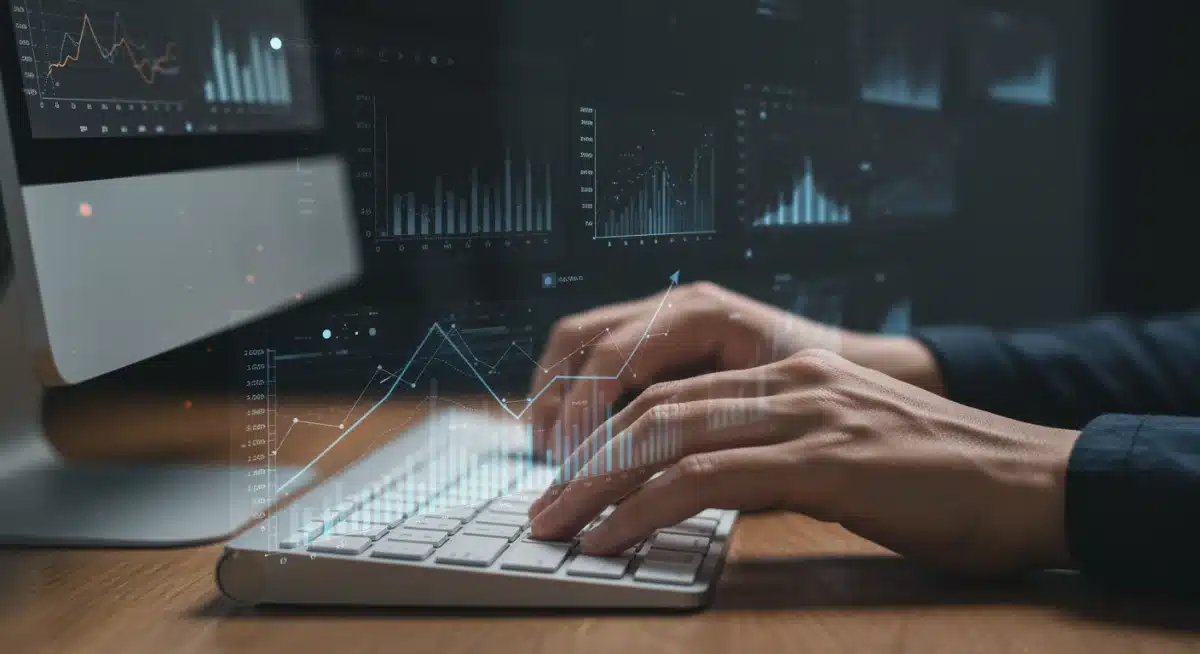 Hands typing on keyboard, screen displaying financial graphs and online business analytics.