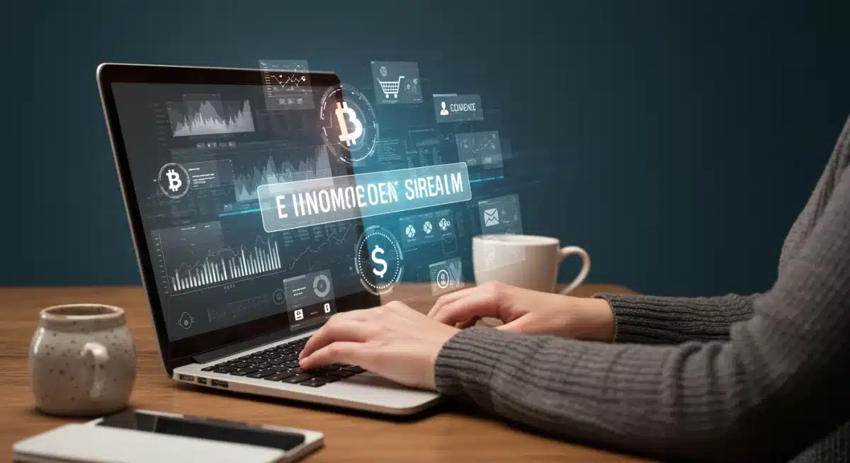 Person diversifying digital income streams with laptop, showing crypto, e-commerce, and freelance platforms