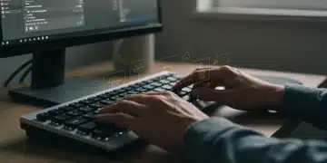 Hands pressing keys on a modern computer keyboard, symbolizing efficient use of keyboard shortcuts.