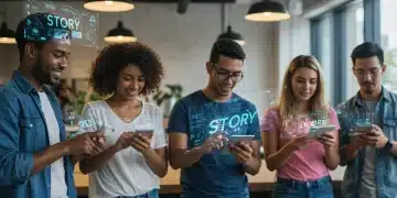 Young adults engaging with innovative ephemeral content on mobile devices in a modern setting, showcasing the future of digital stories.