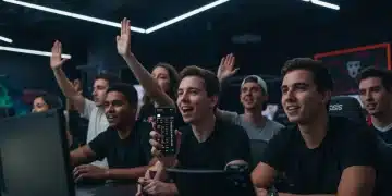 Young adults engaging in esports betting, watching a live competition on a large screen in a modern arena.