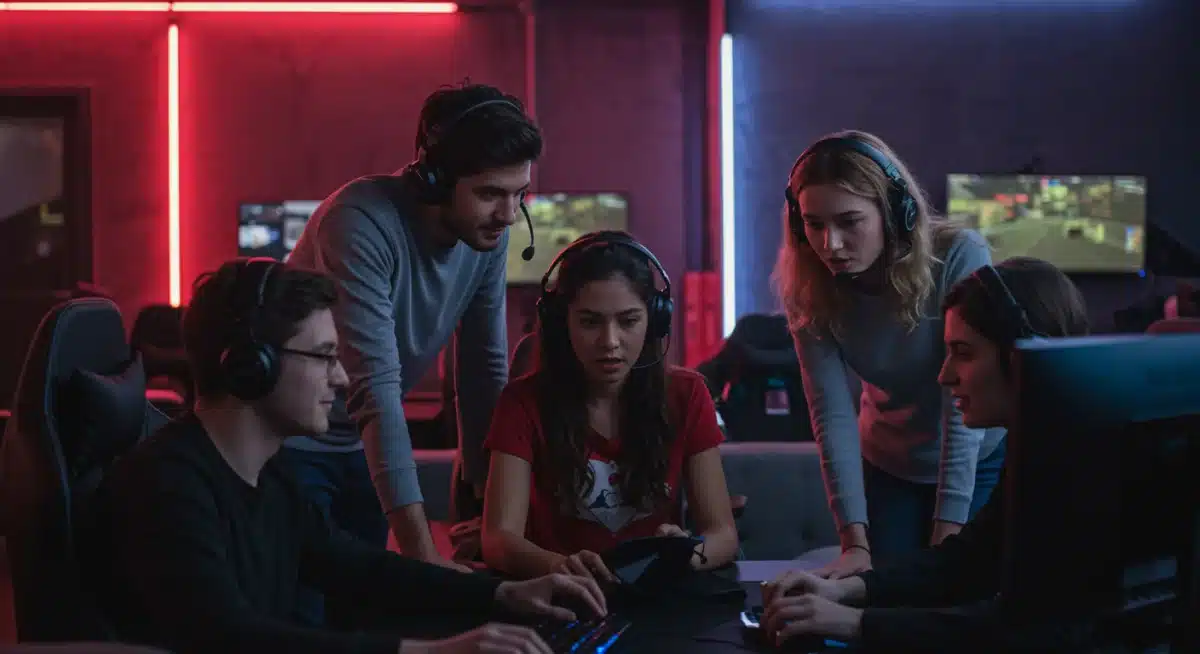 Esports team strategizing and collaborating in a modern gaming lounge