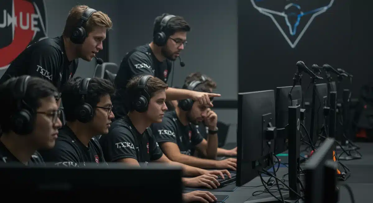 Esports team collaborating during a strategic practice session