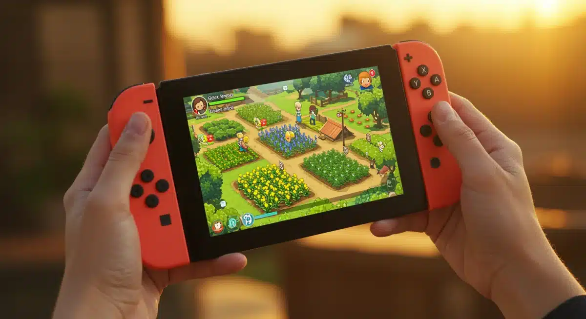 Hands holding Nintendo Switch playing a vibrant farming simulation game, representing cozy gaming.