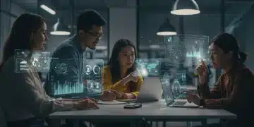 Future of Online Work: AI & Automation's Impact by 2026 Professionals collaborating with AI interfaces in a modern office, symbolizing the future of online work