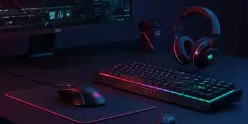 Futuristic gaming setup with advanced mouse, keyboard, and headset